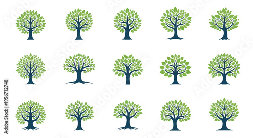 Set of stylized green trees with blue trunks and roots, isolated on white background