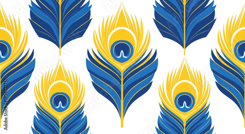 Seamless pattern of stylized peacock feathers in blue and gold on white background