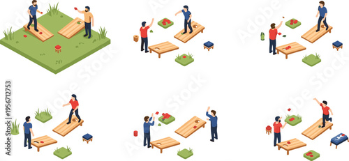 Isometric People Playing Cornhole Vector Set Featuring Outdoor Lawn Games Bean Bag Toss Competition And Friends Socializing For Backyard Party Summer Festival And Recreational Activity