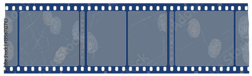 Horizontal blue 35mm film strip with vintage grunge texture scratched frames and smudge marks for cinema or photography projects isolated on white background for commercial design work