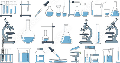 Laboratory Glassware Vector Set Featuring Chemistry Research Equipment Icons Microscope Beakers Test Tubes And Pipettes For Scientific Education Medical Study And Pharmaceutical Analysis