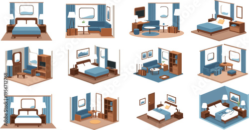 Luxury Cruise Cabin Interior Vector Set Featuring Modern Hotel Room Suite With Bed Sofa Furniture And Porthole Window For Marine Travel Tourism Accommodation Design