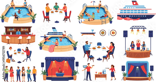 Luxury Cruise Lifestyle Vector Set Featuring Swimming Pool Dining Experience Bar Service Live Stage Performance And People Enjoying Vacation Activities For Marine Tourism Design