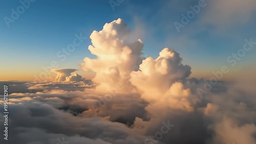 Sunset Golden Hour Above Sea of Clouds with Dramatic Cumulus Formations