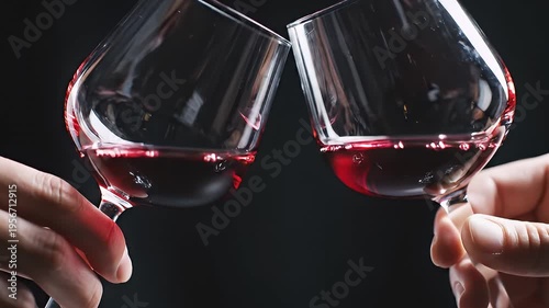 Two Hands Clinking Red Wine Goblets on Dark Moody Backdrop