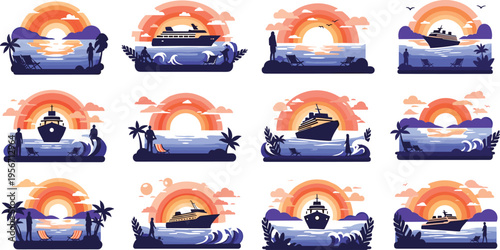 Tropical Beach Sunset Vector Set Featuring Cruise Ships Silhouettes Palms Islands And Ocean Waves For Travel Tourism Vacation Leisure Marine Voyage And Summer Holiday Background
