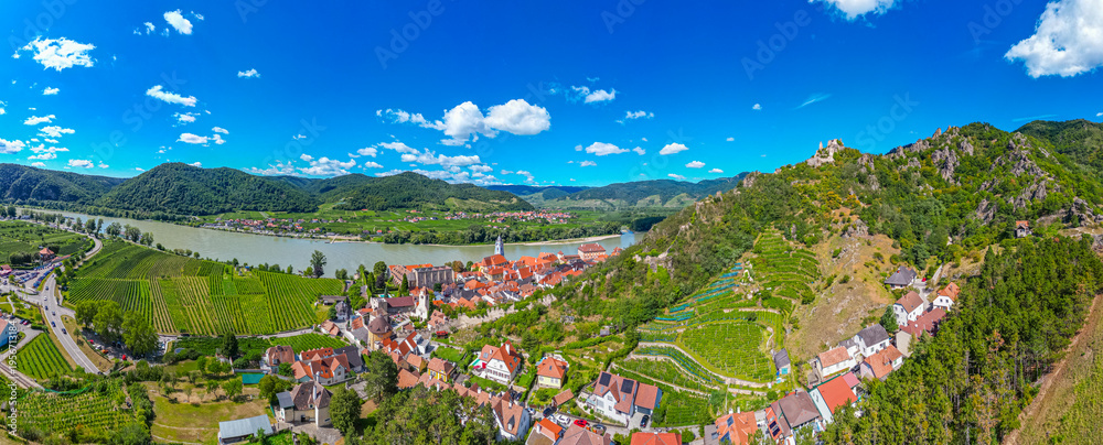 Fototapeta premium Panorama view of Durnstein village at Wachau valley in Austria