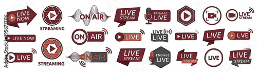 Large collection of professional live stream and broadcast icon labels including on air live now and engage live buttons for social media isolated on white for content creators and gamers