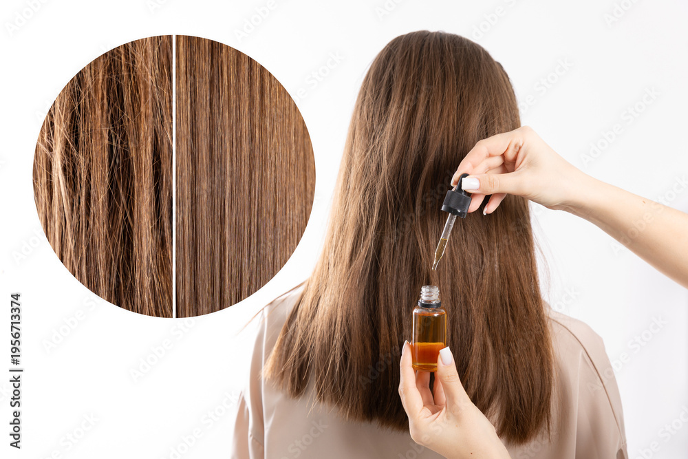 Fototapeta premium Young caucasian female receiving hair oil treatment for smoother, white studio background
