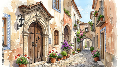 Historic Portuguese alley with traditional azulejo tiles and an ornate wooden door