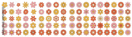 Huge collection of retro groovy 70s flower icons and vintage floral daisy illustrations isolated on white for spring or summer hippie aesthetic creative banner design projects and art