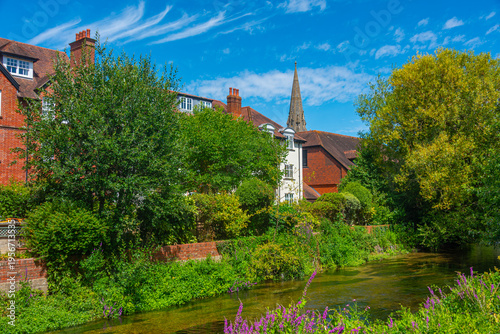 Houses behind river Avon in Salisbury, England