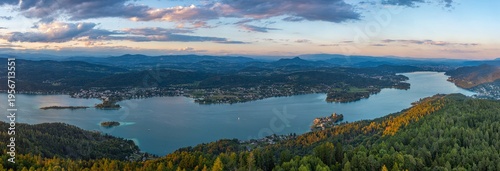 Sunset panorama view of Worthersee in Austria