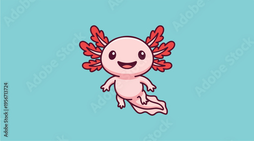Cute Cartoon Axolotl Smiling Face.