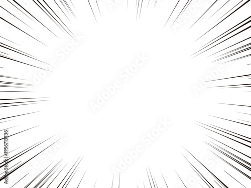 横長長方形の漫画の集中線・効果線イラスト素材｜放射状のスピード線・ベクター・白黒バック