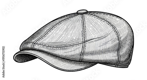 Vintage Flat Cap Drawing - Classic Hat, Sketch Style, Retro Fashion Accessory