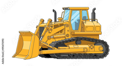 Yellow Bulldozer Construction Vehicle with Tracks and Blade - Isolated on White