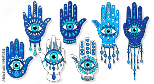 Blue Hamsa Hands with Evil Eye Symbol - Protection, Amulet, Talisman