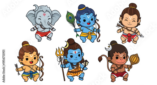 Foto Cute Hindu Gods Characters Collection: Ganesha, Krishna, Rama, Shiva, Hanuman