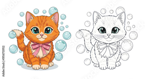 Cute Orange Kitten with Bow, Surrounded by Bubbles - Color and Outline Versions