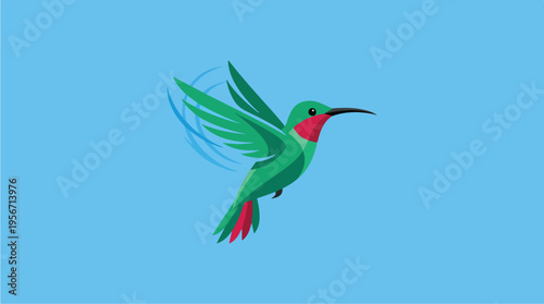 Green hummingbird in flight profile.
