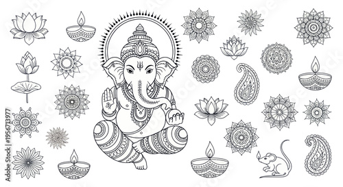 Ganesha, Lotus, Paisley and Diwali Lamps Hand Drawn Sketch Elements