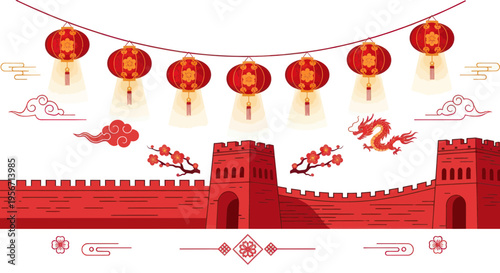 Great Wall of China with lanterns and dragon, traditional Chinese New Year decoration