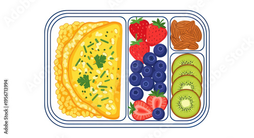 Healthy Bento Box Lunch: Scrambled Eggs, Berries, Kiwi and Chicken