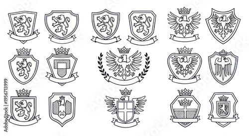 Heraldic Shields Collection: Lions, Eagles, Crowns, Crests - Vintage Emblem Set