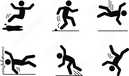 Stick figures depicting various falling and slipping poses