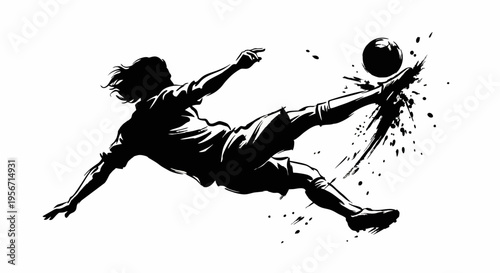 Soccer Player Performing Bicycle Kick Silhouette, Dynamic Football Action Ink Brush Style