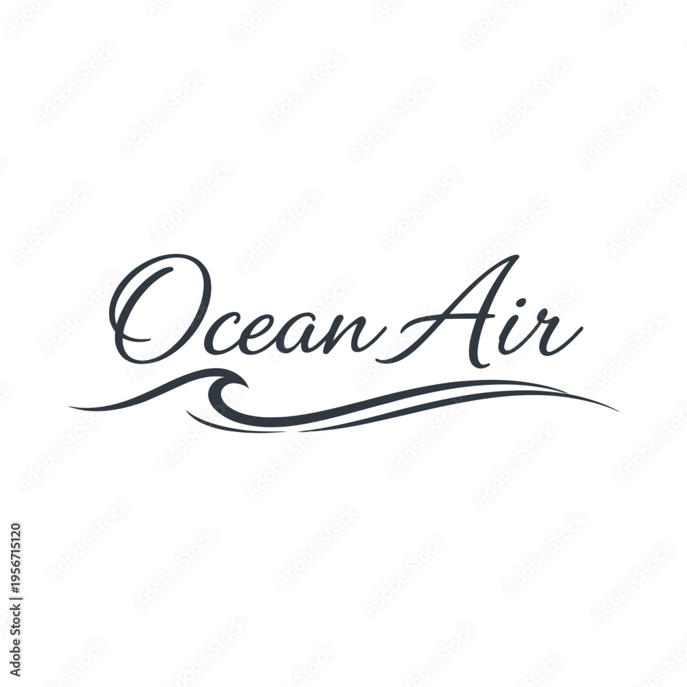 Obraz premium Elegant ocean air typography logo design with a stylized dark blue wave graphic on white background
