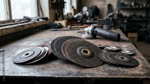 Cutting and grinding discs in various sizes on workbench