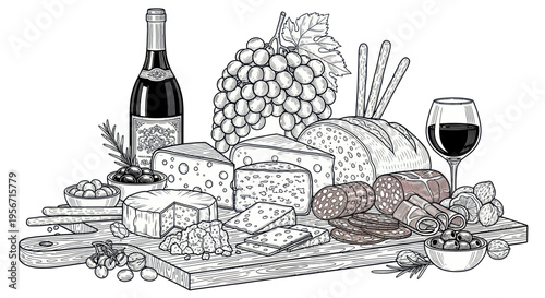 Charcuterie Board with Cheese, Salami, Bread, Grapes, Olives, and Wine