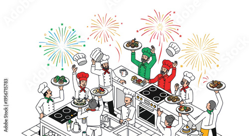 Celebration of Chefs in Kitchen with Food and Fireworks