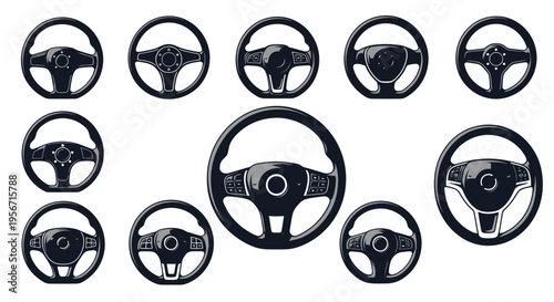 Collection of diverse car steering wheels, modern and classic designs