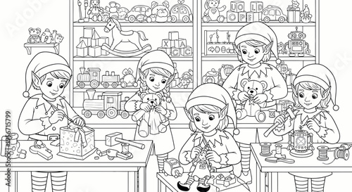 Christmas Elves Crafting Toys in Workshop, Festive Holiday Scene