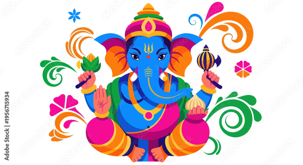 Naklejka premium Vibrant Ganesha Illustration with Floral Motifs and Traditional Symbols
