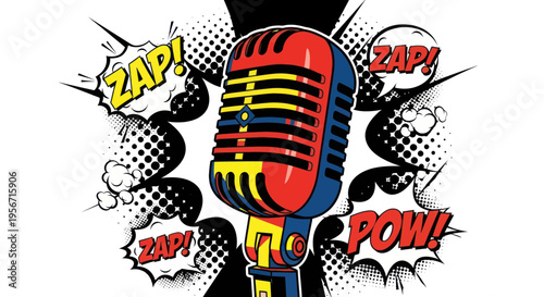 Retro Microphone Comic Book Style with Sound Effects
