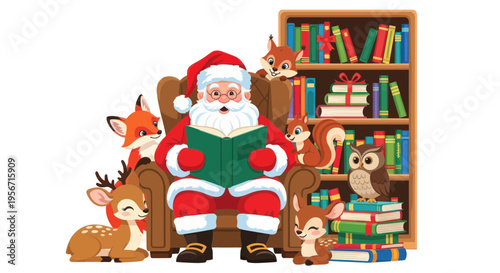 Santa Claus Reading Book to Forest Animals in Cozy Library Setting