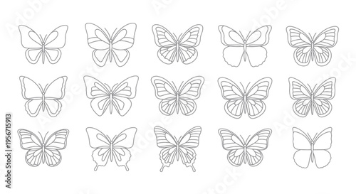 Set of Hand-Drawn Butterfly Line Art Icons, Simple Vector Illustrations