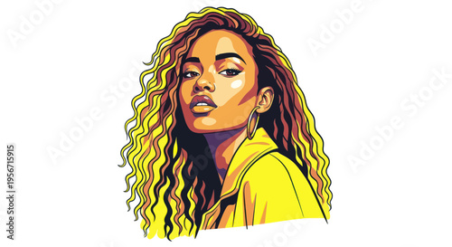 Stylish Woman with Curly Hair and Yellow Jacket, Portrait Illustration