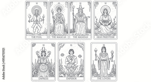 Tarot Cards Illustration: The Fool, Magician, High Priestess, Empress, Emperor, Lovers