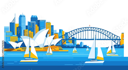 Sydney Skyline with Opera House, Harbour Bridge and Sailboats
