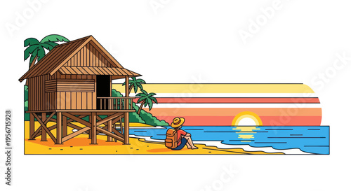 Tropical beach hut, person watching sunset, island paradise vacation
