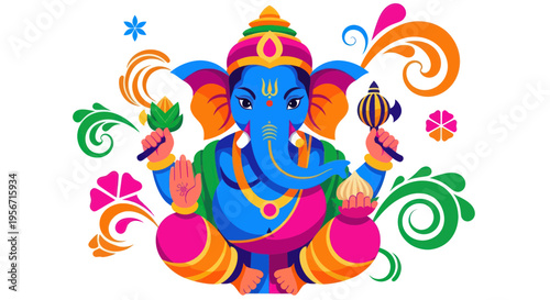 Vibrant Ganesha Illustration with Floral Motifs and Traditional Symbols