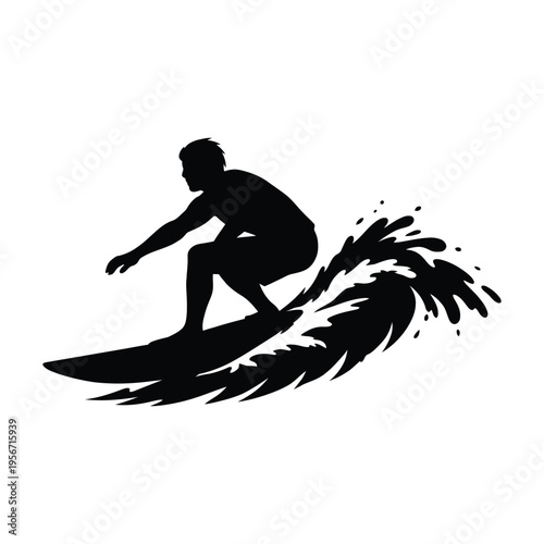 A black silhouette of a surfer riding a powerful ocean wave isolated on a clean white background