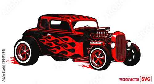 Vintage Hot Rod Car with Flame Graphics and Exposed Engine