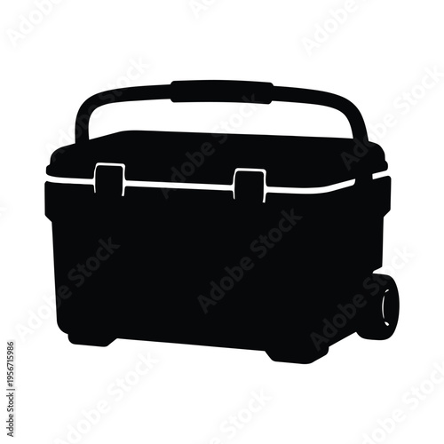 A black silhouette illustration of a portable rolling cooler used for camping and outdoor events