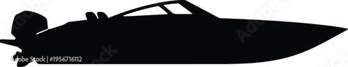 A high contrast black silhouette of a sleek speedboat with an outboard motor on a white background
